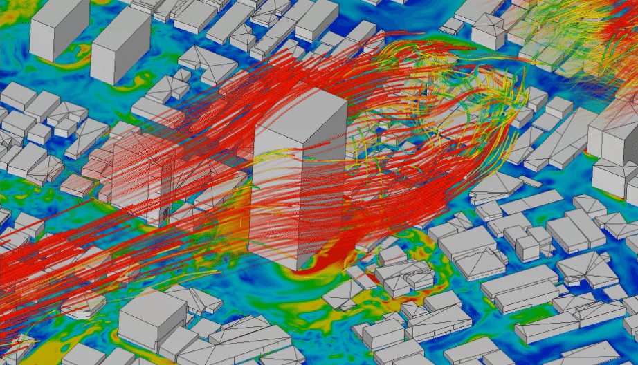 CFD simulation of wind around buildings carried out using LBM analysis with SimScale. Animation from: <a href='https://www.simscale.com/docs/validation-cases/pedestrian-wind-comfort-using-lattice-boltzmann-method-simscale/' target='_blank'>www.simscale.com</a>