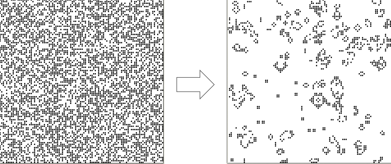 The Game of Life in action: from a random configuration of dead and alive pixels, a number of life-like structures emerge.