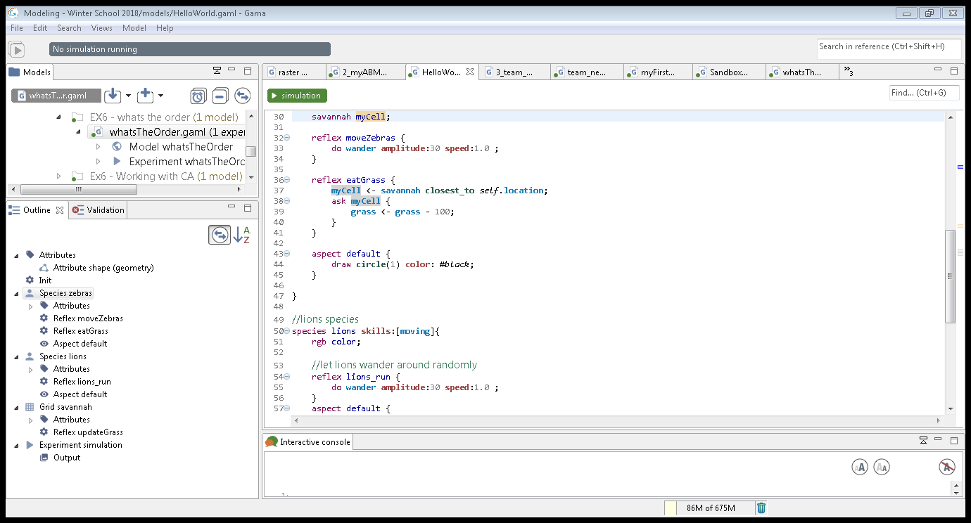 The code outline (window bottom left) summarises the hierarchy of elements in the code, like species with their attributes, reflexes, actions and aspects.