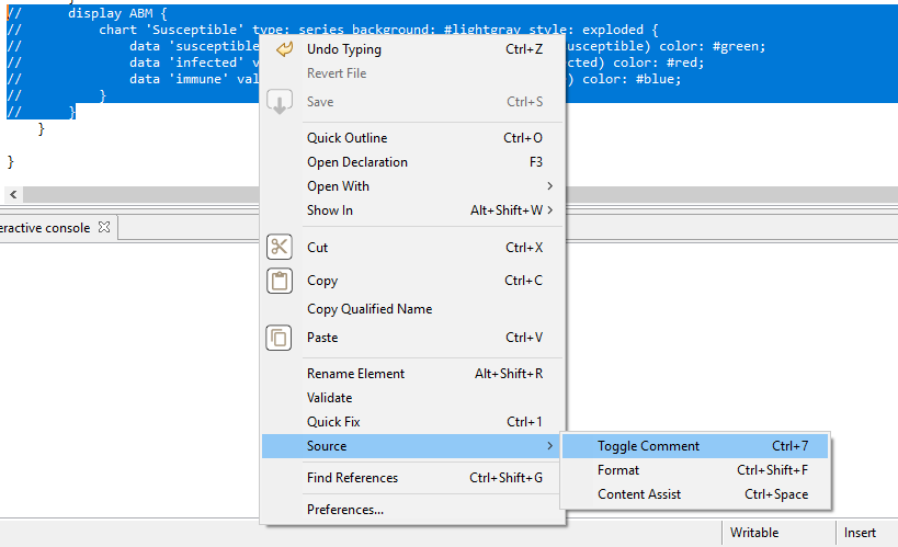 The Toggle Comment function in GAMA's context menu.