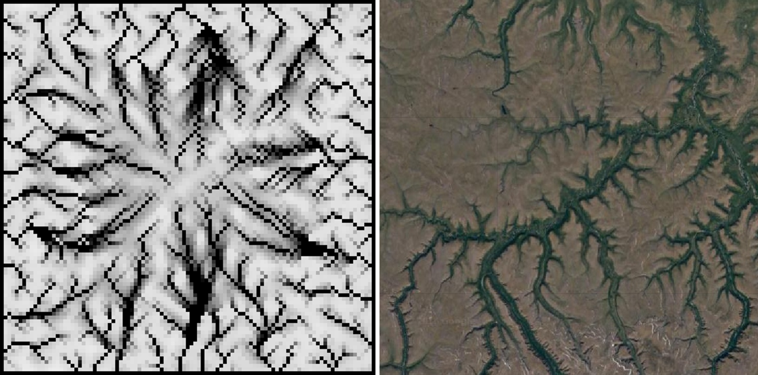 Fluvial erosion generates the dendritic self-similar structures of river networks. Left: erosion patterns generated by a CA model, right: a satellite image of a river